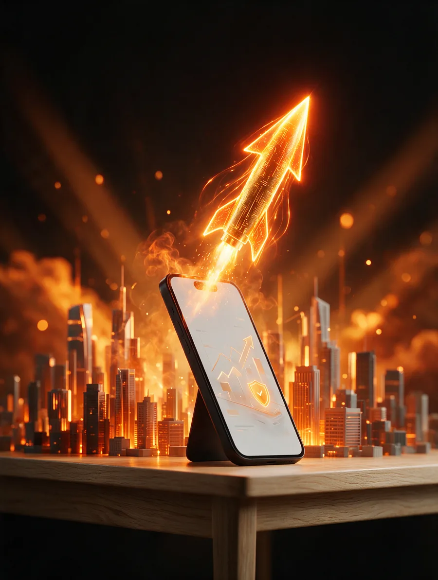 Celular com landing page e seta de crescimento luminosa sobre uma maquete de cidade