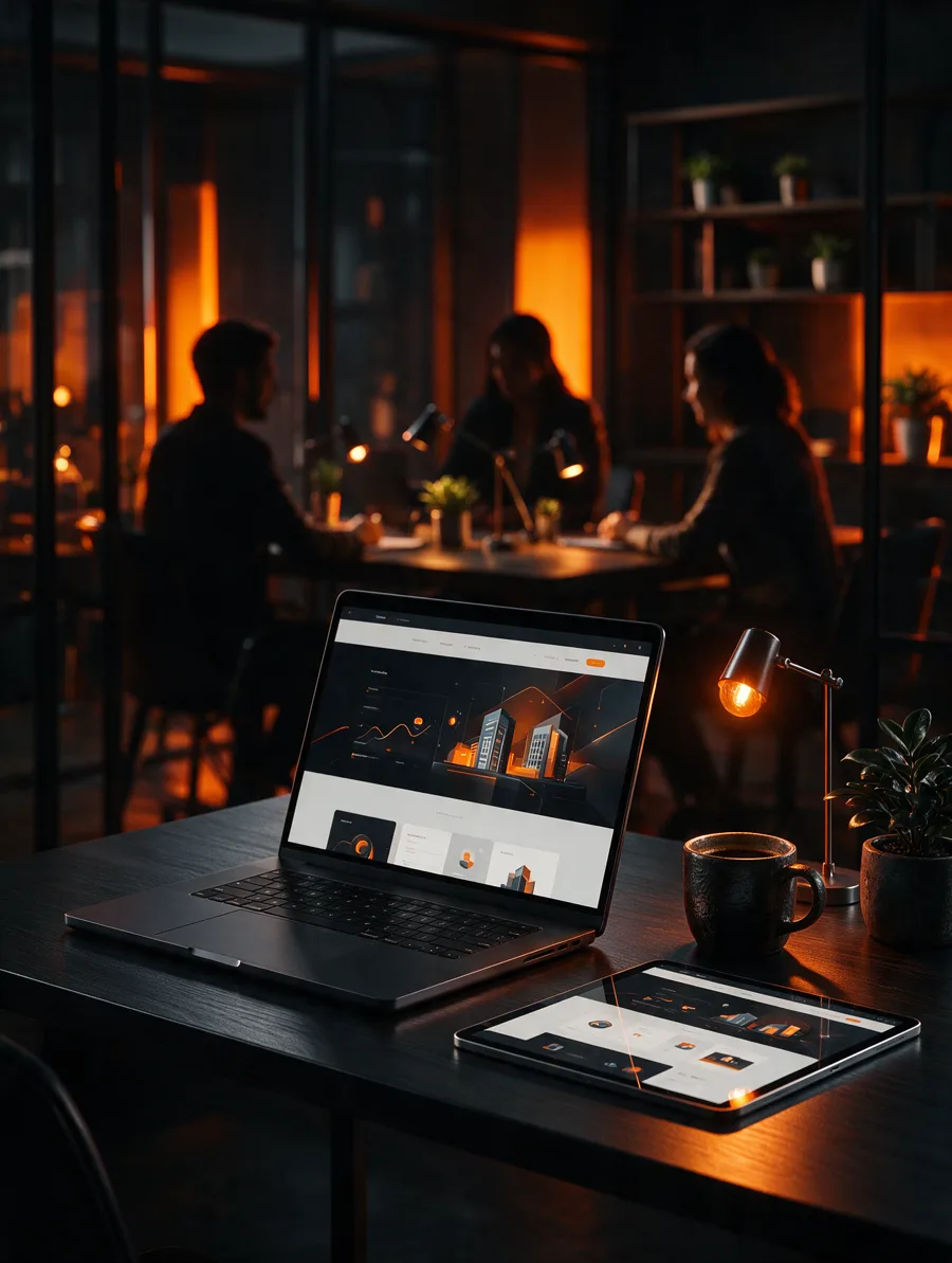 Escritório moderno com notebook e tablet mostrando o site de uma empresa