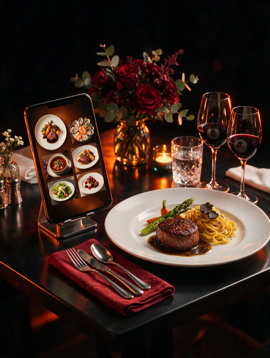 Mesa de restaurante com celular exibindo menu digital ao lado de um prato